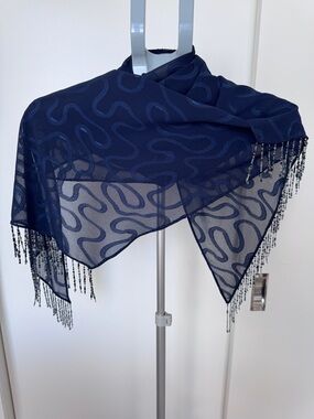 Vintage Navy Blue Glass Beaded Fringe Wrap Scarf Shawl